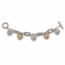 Tazza Women's Two-Tone Twisted Cable Link Heart Charm Bracelet with Toggle Clasp, 8"