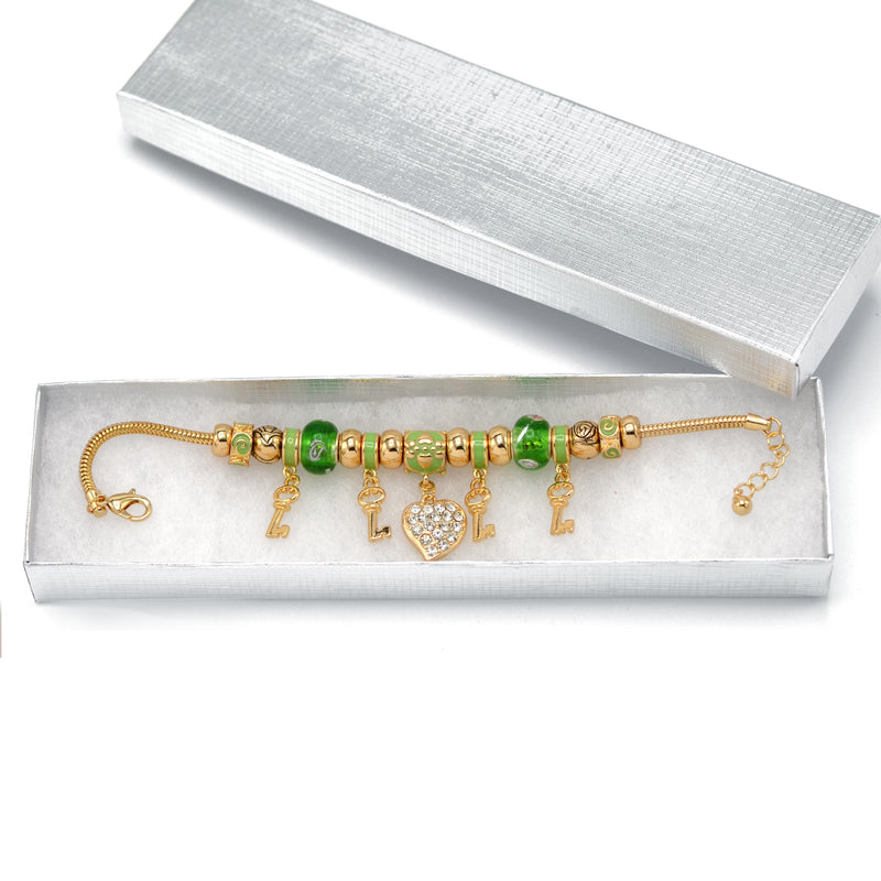 Gold Green Resin Beads Heart And Key Crystal Charm Bracelet