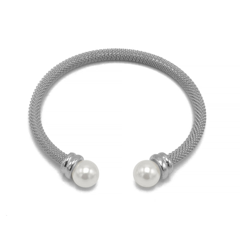 Rhodium plated mesh and pearl cuff Bracelet