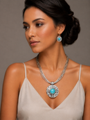 Silver-Tone Turquoise Medallion Statement Pendant Necklace