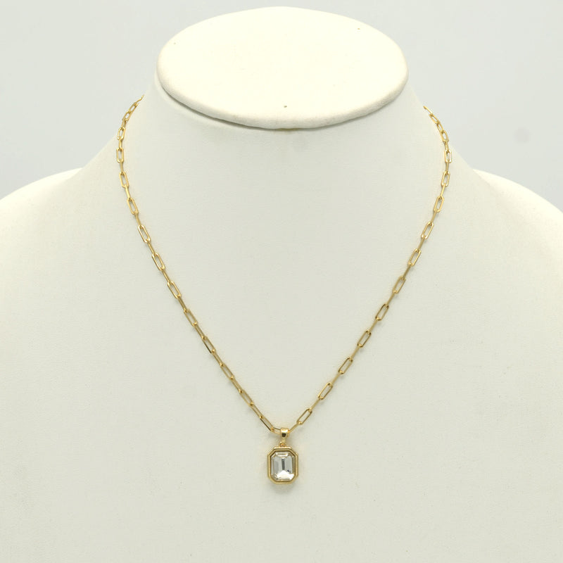 Gold clear crystal square pendant link chain necklace