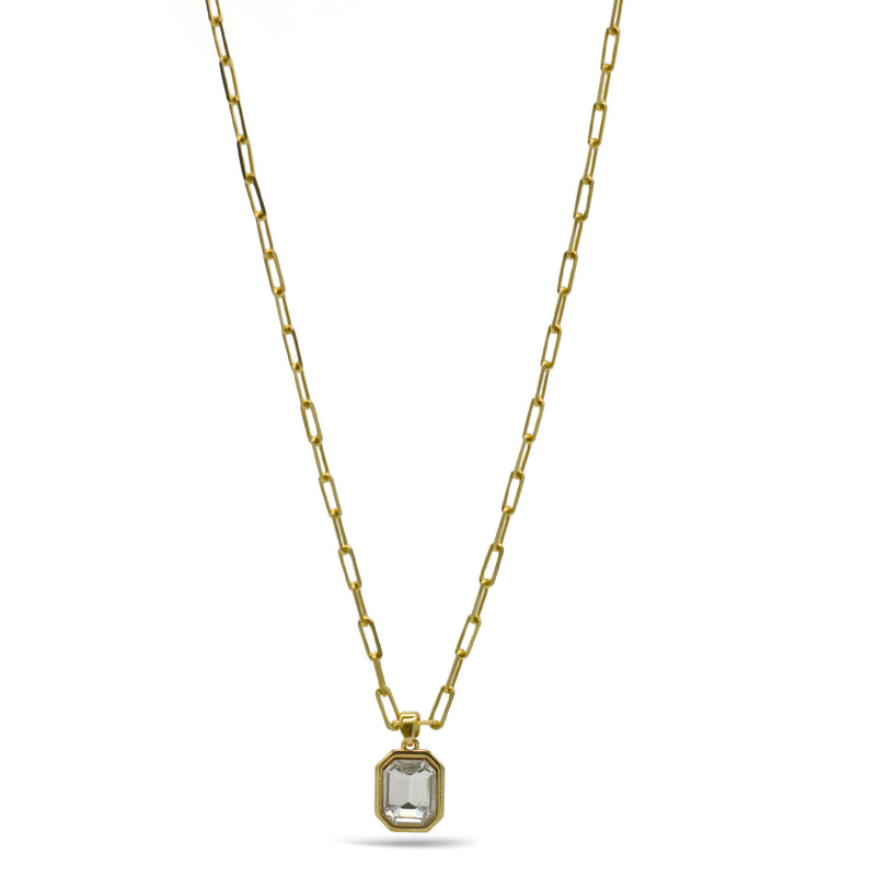 Gold clear crystal square pendant link chain necklace