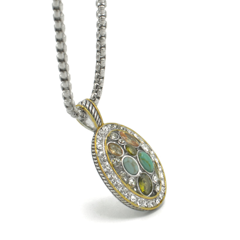 TWO TONE MULTI COLOR CRYSTAL OVAL PENDANT SILVER ROPE CHAIN NECKLACE