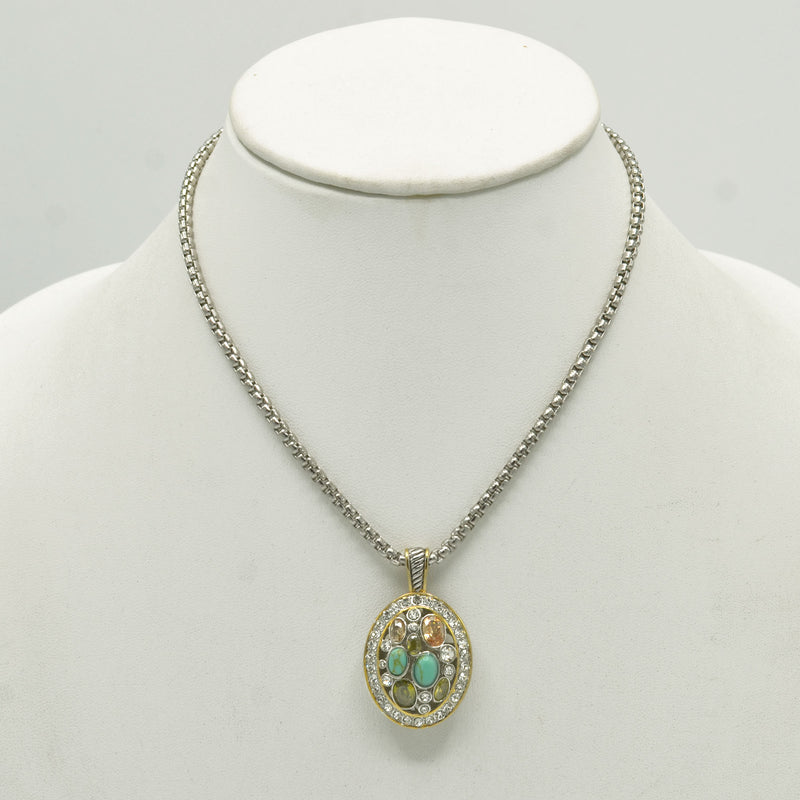 TWO TONE MULTI COLOR CRYSTAL OVAL PENDANT SILVER ROPE CHAIN NECKLACE