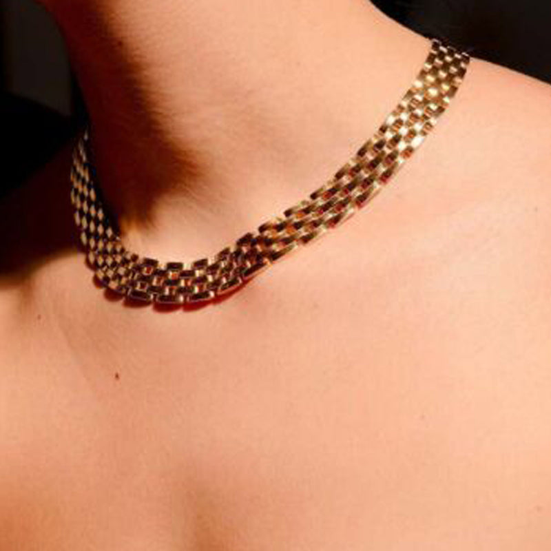 Gold Polished Wide Panther Link Chain Choker Necklace