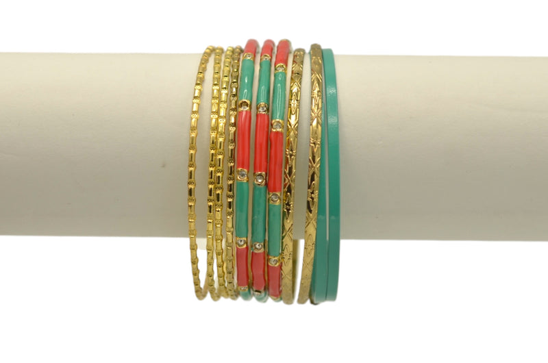 Multi-Color 11-Piece Bangle Set with Turquoise and Coral Accents