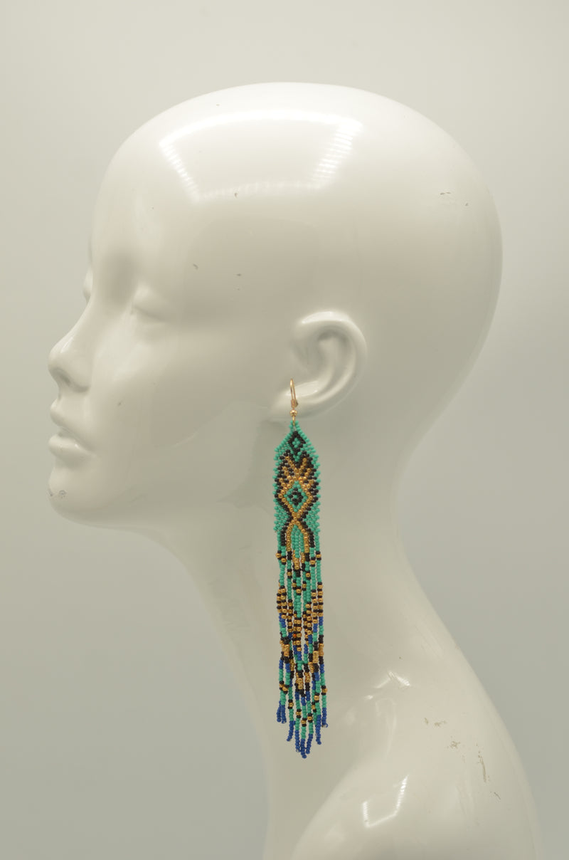 Turquoise, Black, Blue, and Gold Bohemian Seed Bead Long Tassel Earrings