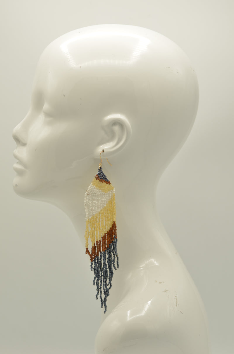 Cream,White,Black, And hematite Bohemian Seed Bead Long Tassel Earrings