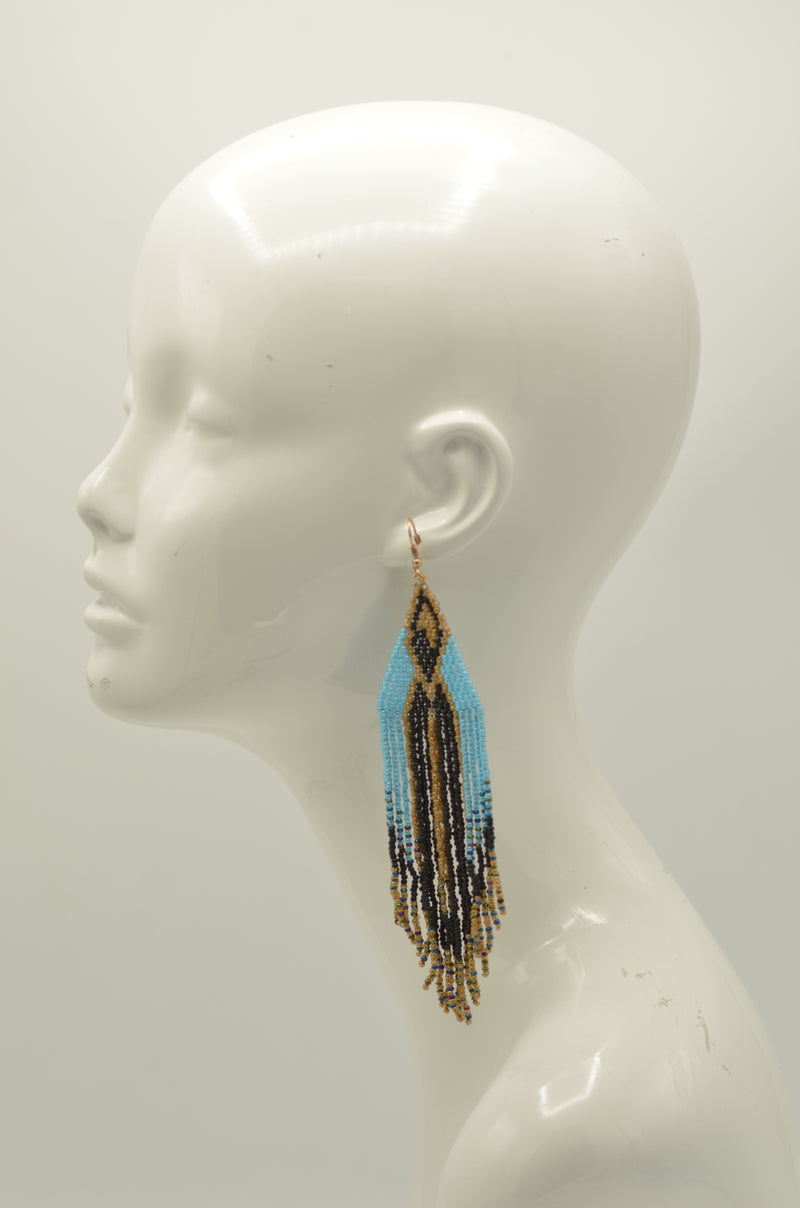 Blue,Black, And Gold Bohemian Seed Bead Long Tassel Earrings