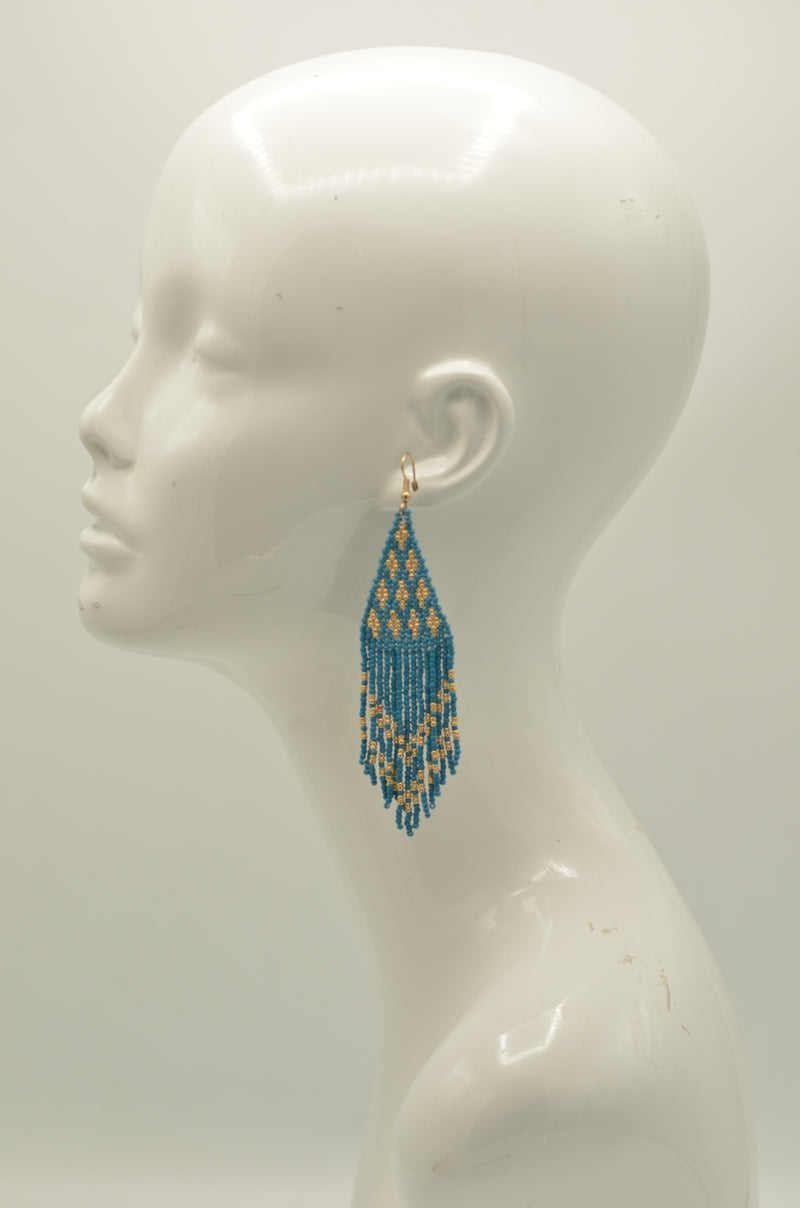 Blue and Gold Triangle Bohemian Seed Bead Long Tassel Earrings