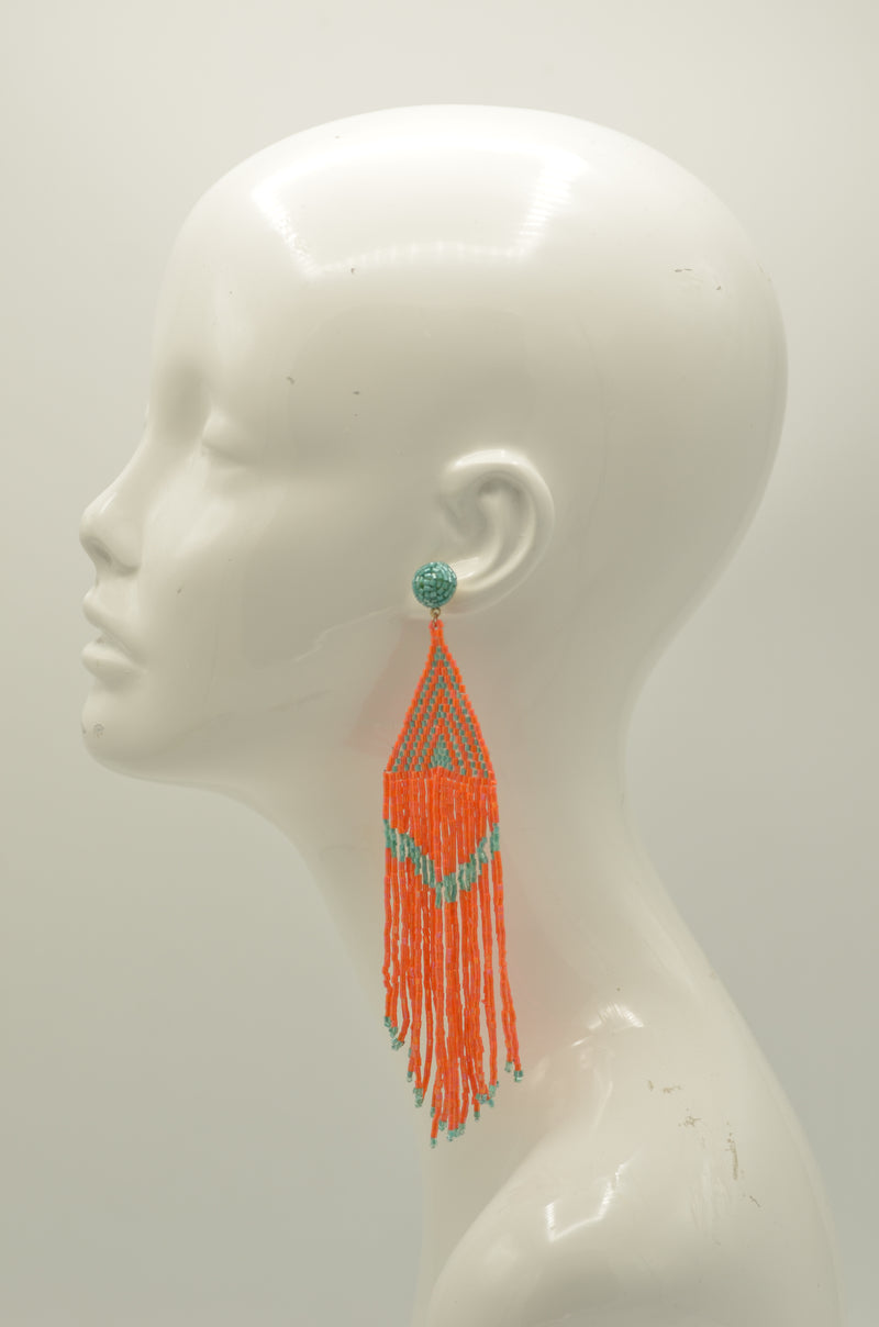 Orange and Turquoise Triangle Bohemian Seed Bead Long Tassel Earrings