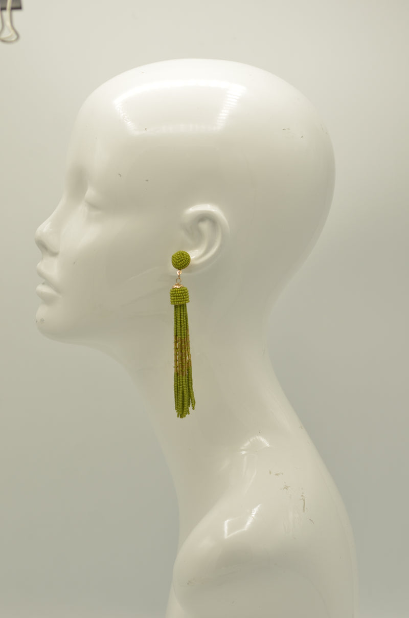 Olive and Gold Bohemian Seed Bead Long Tassel Earrings