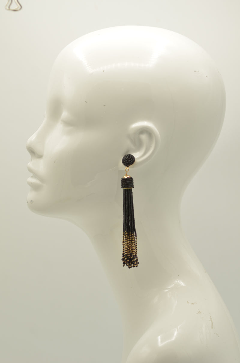 Black and Gold Bohemian Seed Bead Long Tassel Earrings