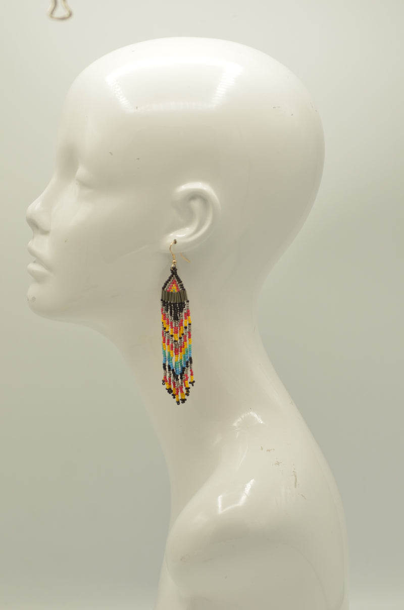 Orange, Black, White, and Gold Bohemian Seed Bead Long Tassel Earrings