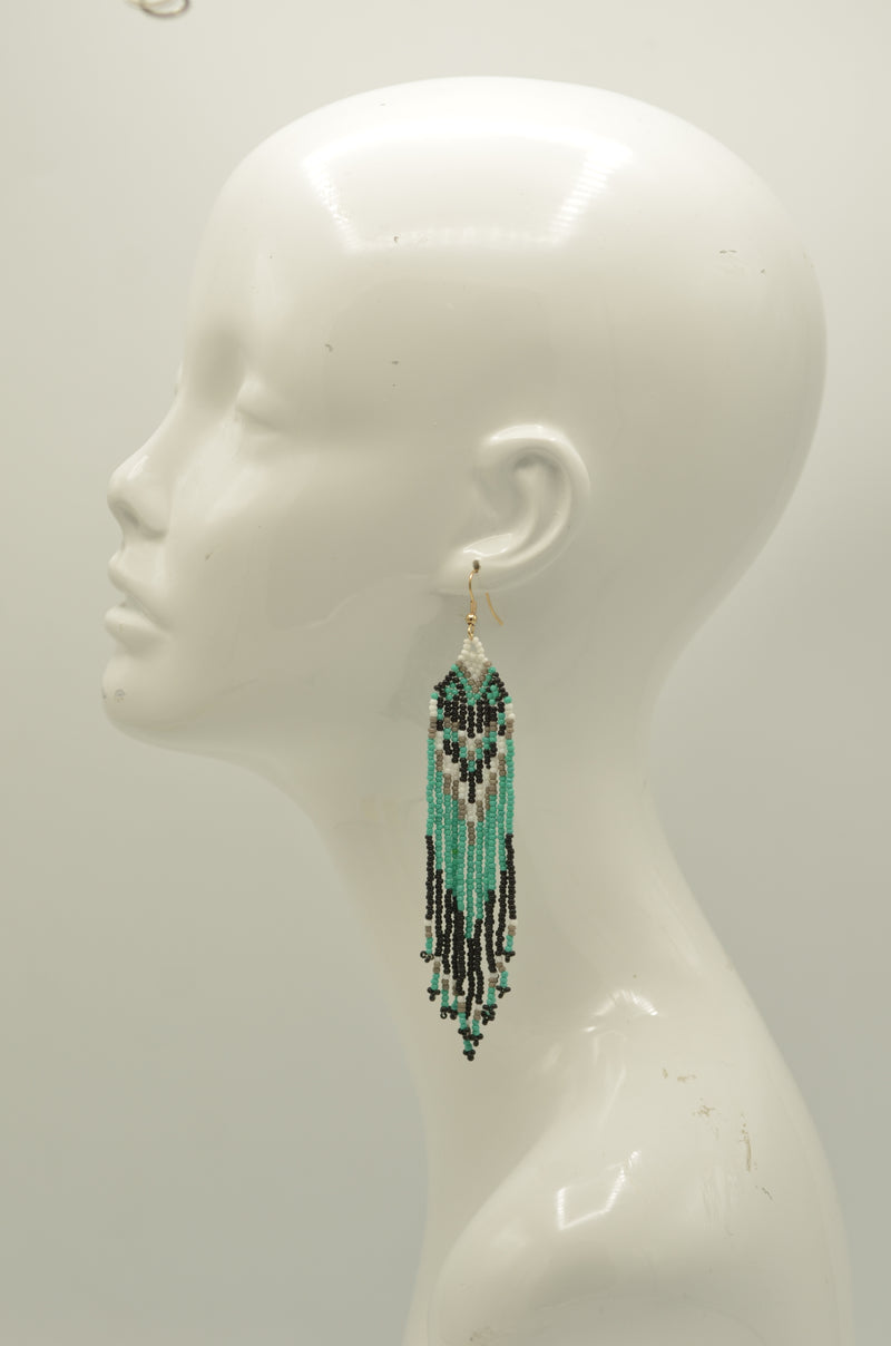 Turquoise, Black, and White Bohemian Seed Bead Long Tassel Earrings