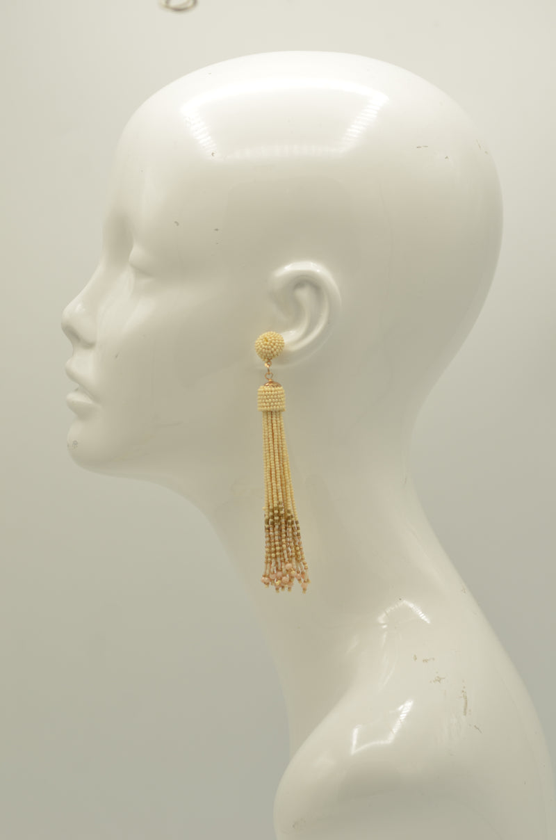 Ivory and Gold Bohemian Seed Bead Long Tassel Earrings