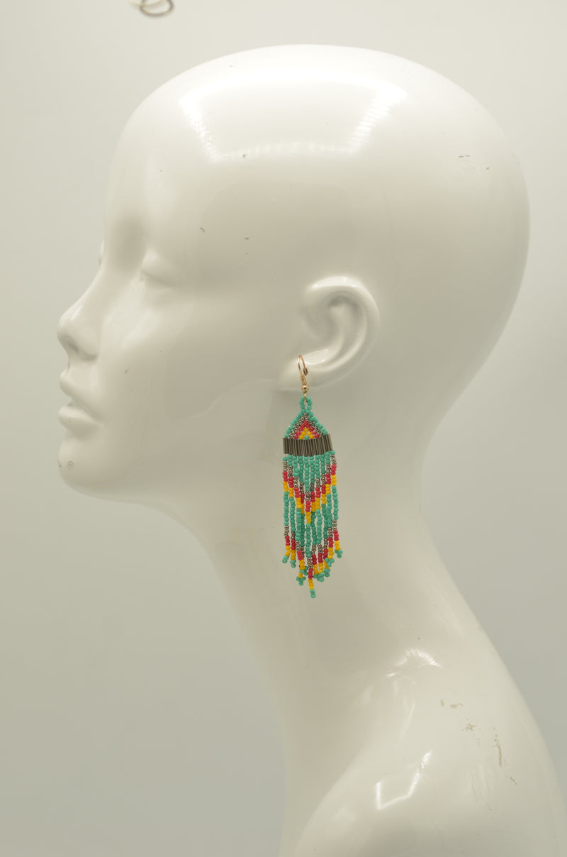 Turquoise, Coral, and Yellow Bohemian Seed Bead Long Tassel Earrings