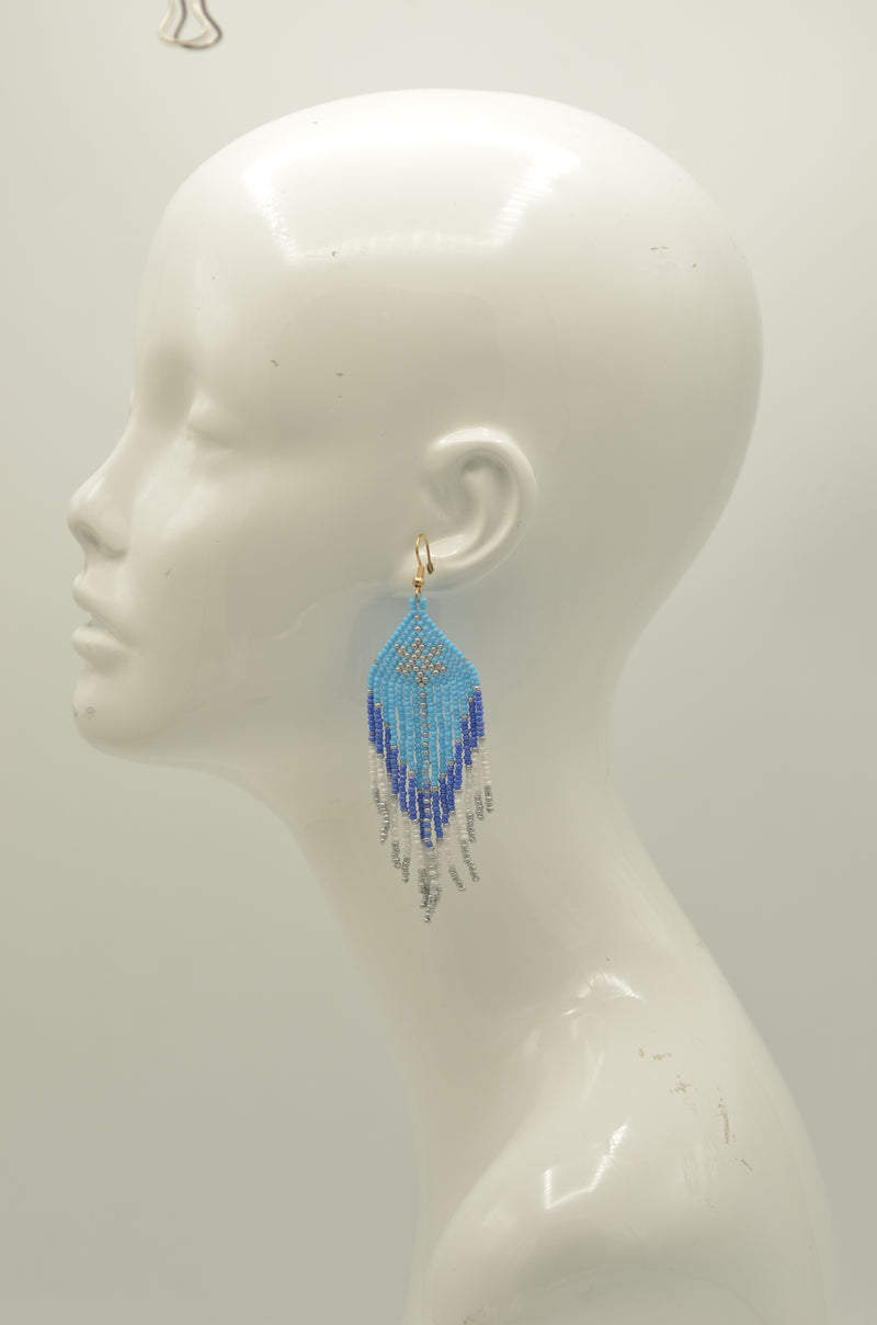 Blue White and Grey Bohemian Seed Bead Tassel Earrings