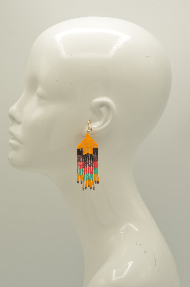 Orange and multi-color Bohemian Seed Bead Long Tassel Earrings