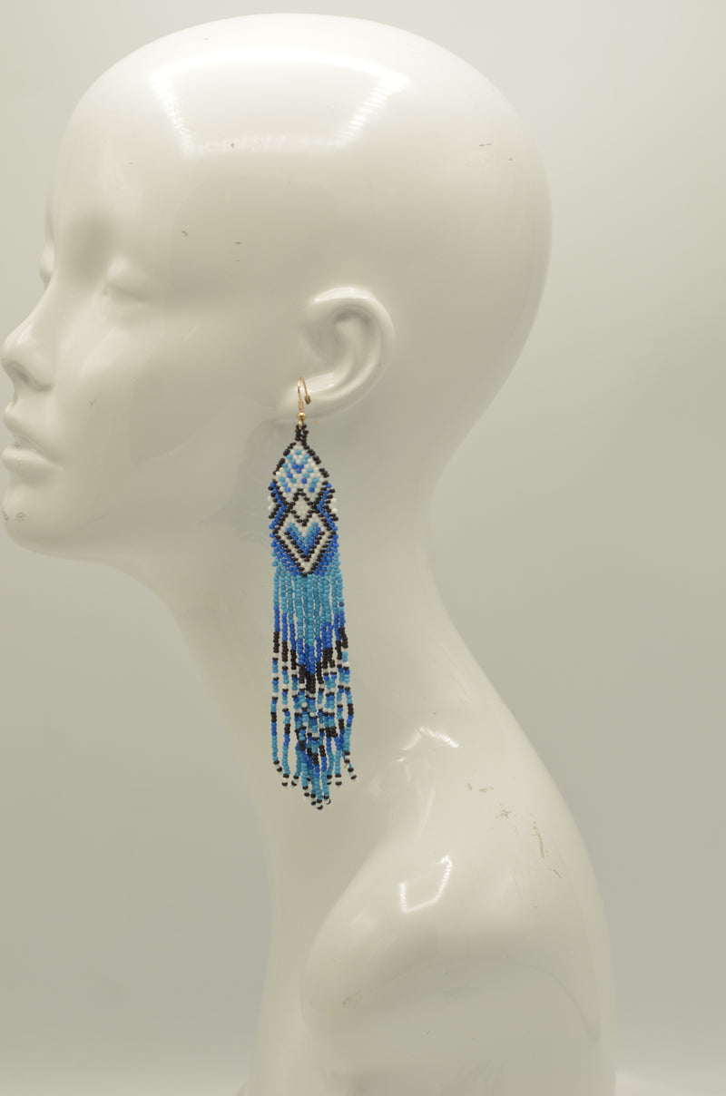 Blue Black and white Bohemian Seed Bead Long Tassel Earrings