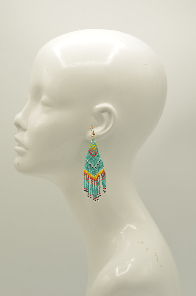 Turquoise and Multi-Color Bohemian Seed Bead Long Tassel Earrings