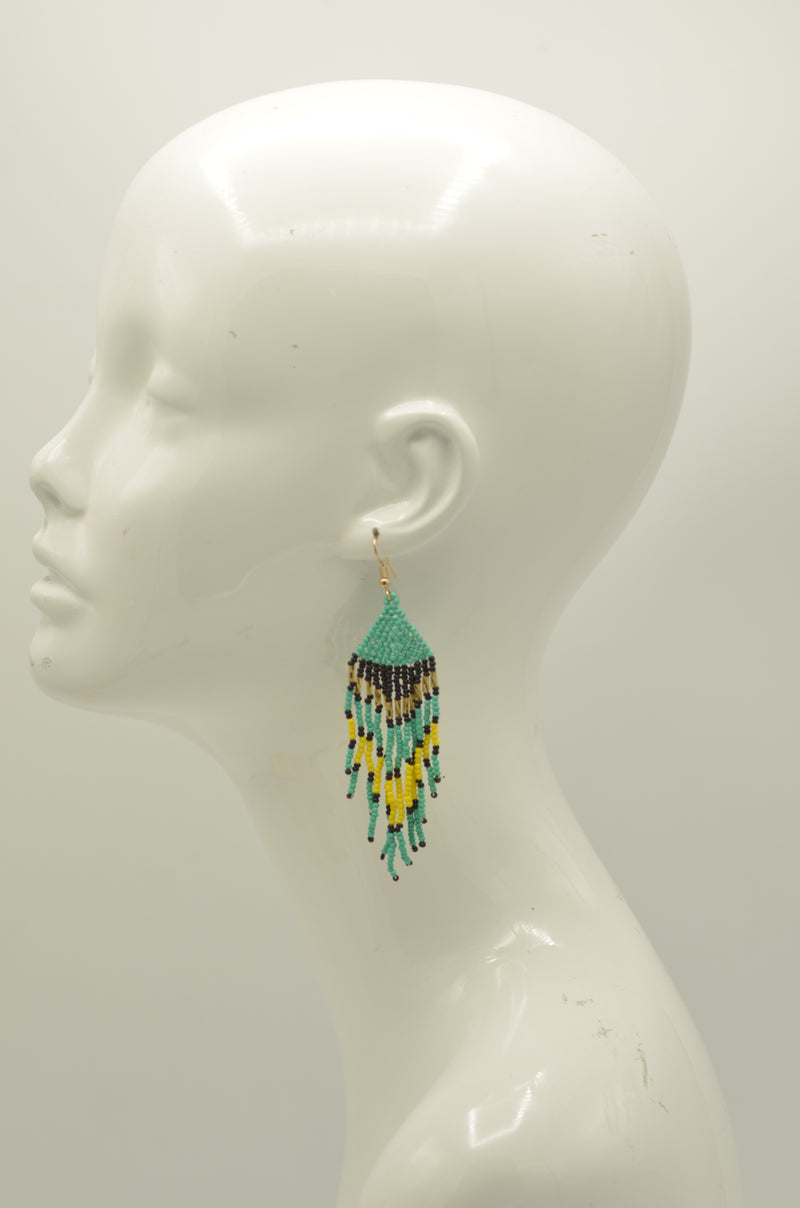 Turquoise, Black, Yellow, and Gold Bohemian Seed Bead Long Tassel Earrings