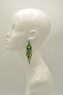 Bohemian Seed Bead Tassel Earring – 4" Green with Blue,Gold & Black Accents
