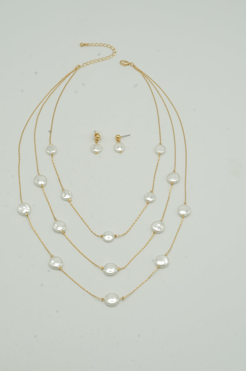 Gold Three row pearl necklace and earrings set
