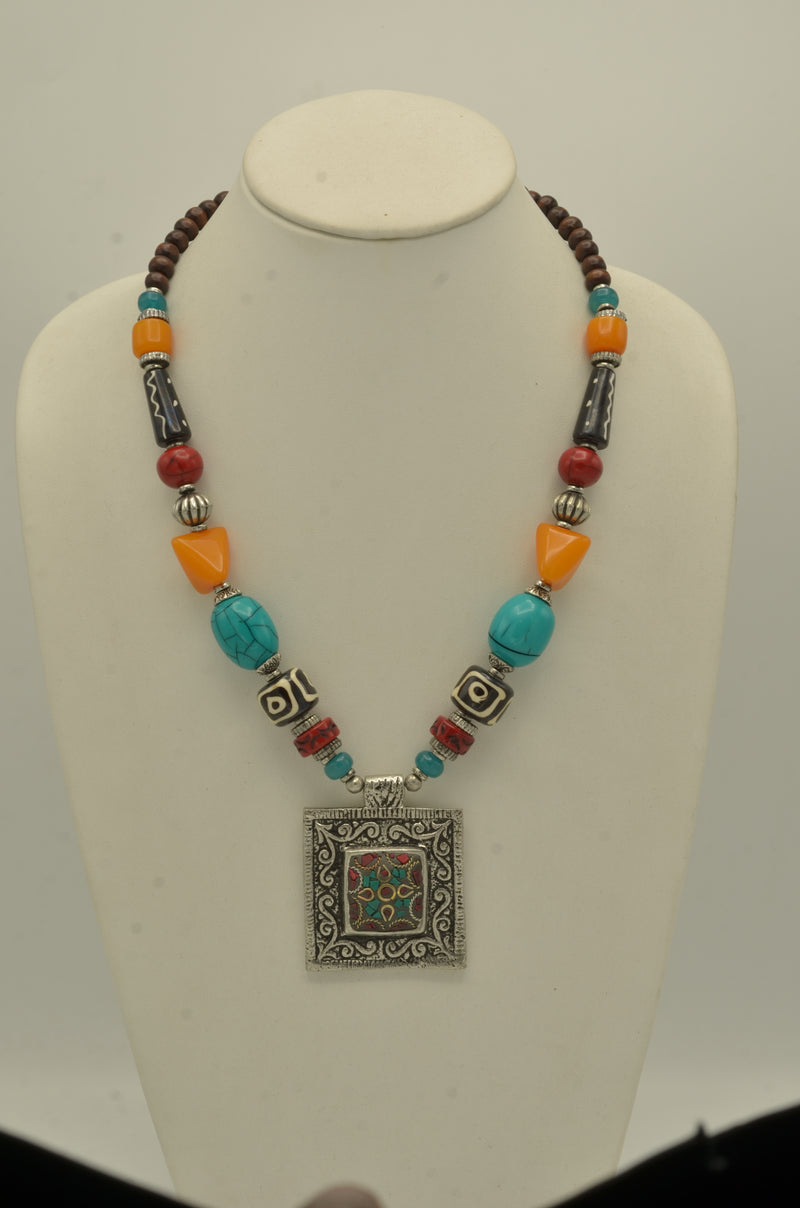 Multi-colored beads and square silver Pendant necklace