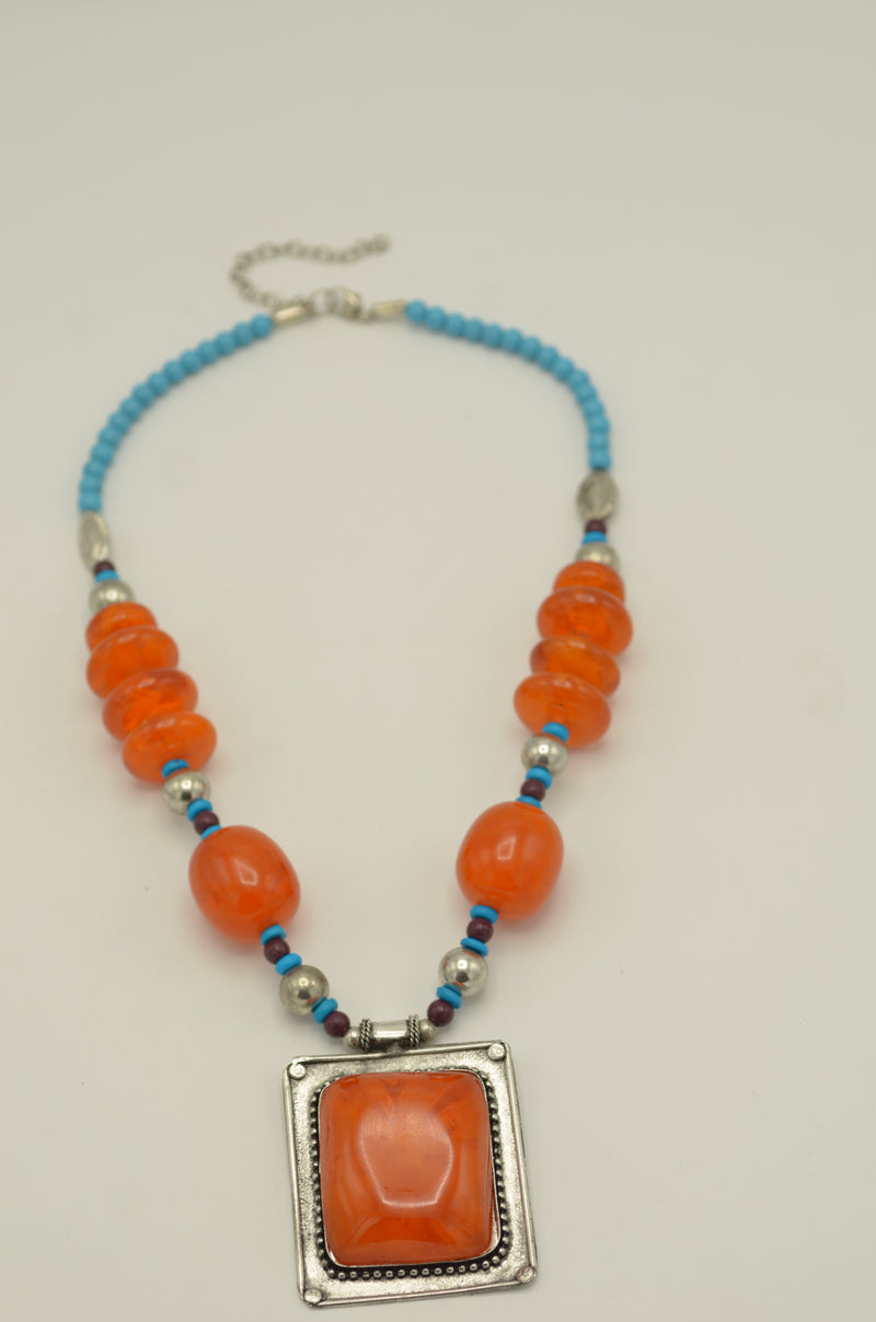 Blue Orange and Silver Beads and Orange and Silver Pendant necklace