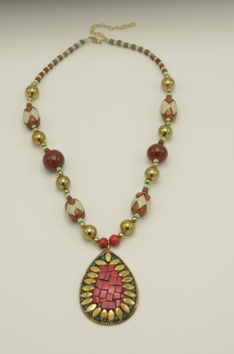 Brown Turquoise And Gold Beads Teardrop Coral And Gold Pendant Necklace