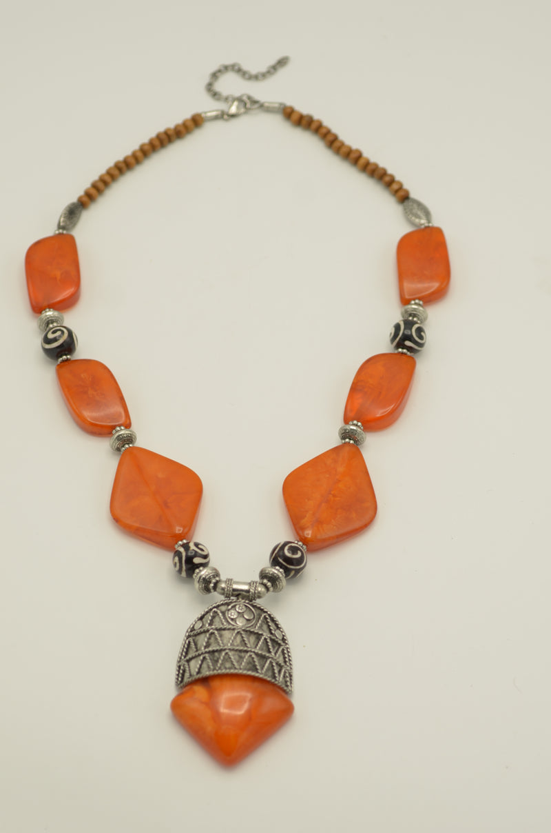 Orange Black and wood beads with Silver Pendant Necklace