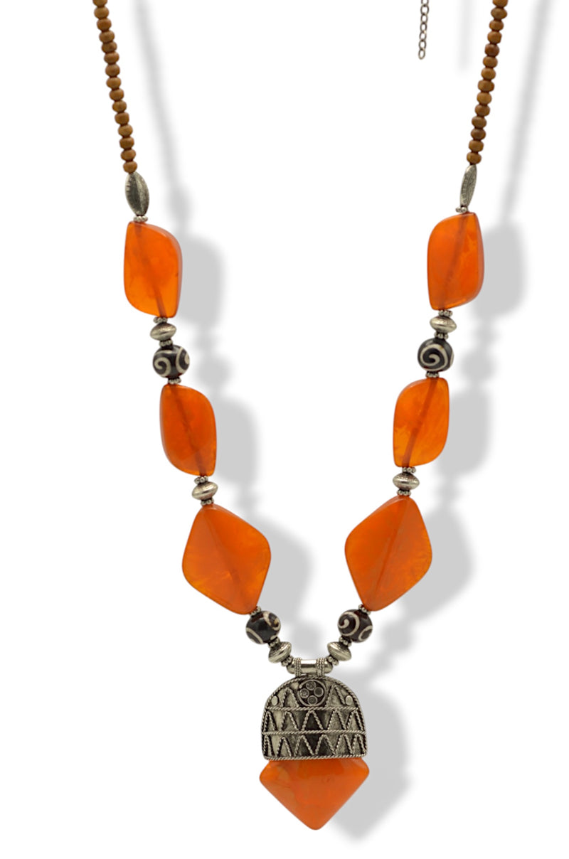 Orange Black and wood beads with Silver Pendant Necklace