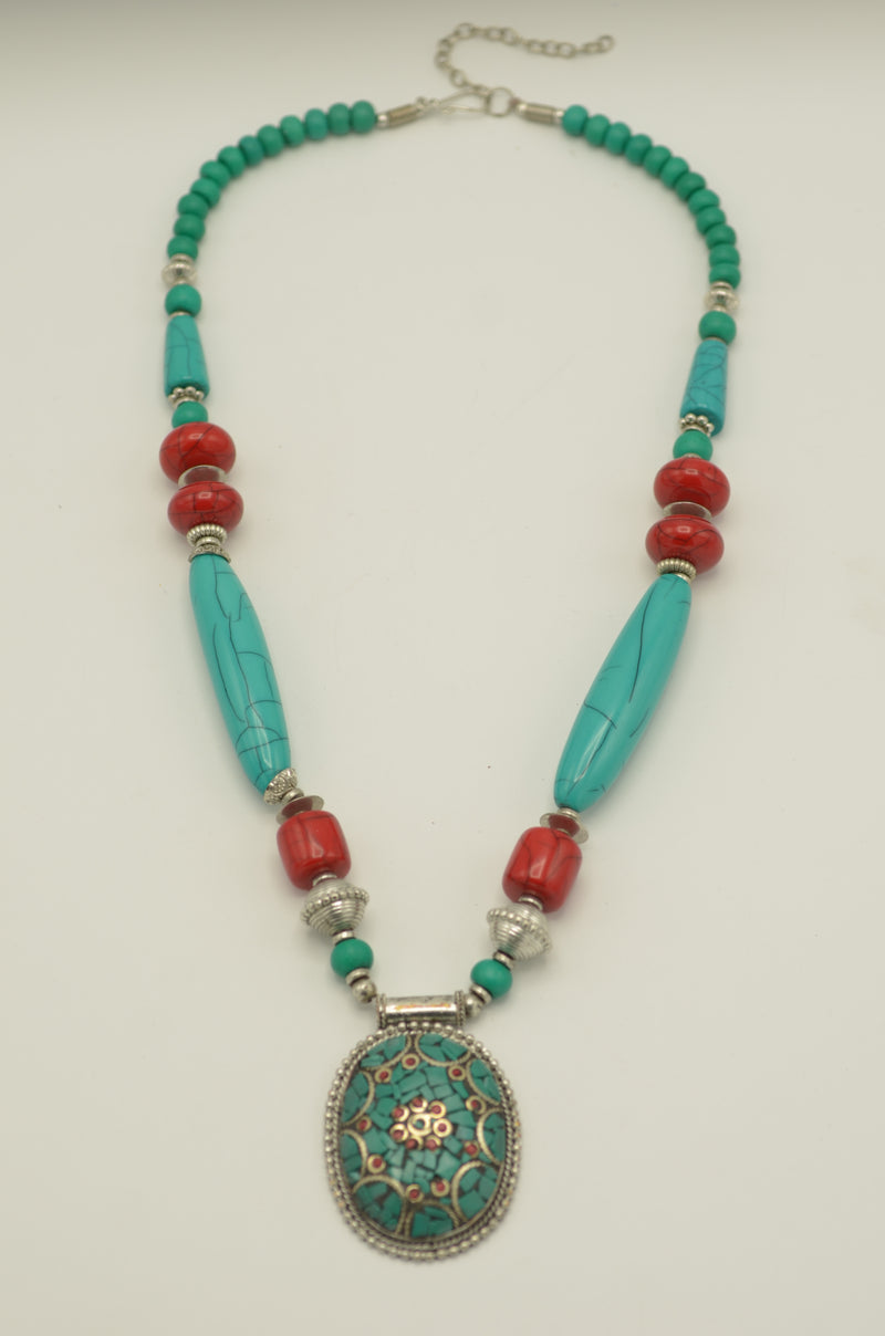 Turquoise Coral and Silver Beads with Turquoise Silver pendant Necklace