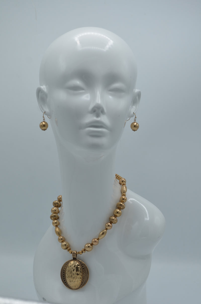 Gold Oxidize Beads and Gold Hammered Round Pendant  Necklace And Earrings Set