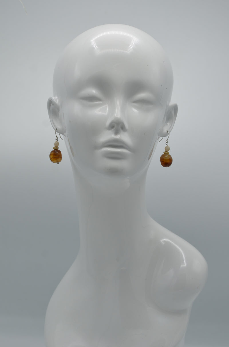 Silver Brown And Cream Beads Drop Earrings