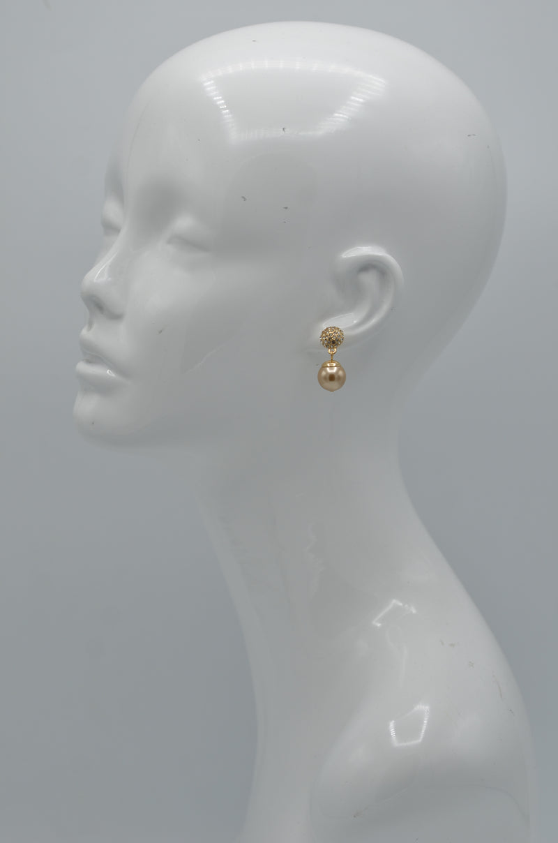 Gold Fire Ball Crystal And Champagine Pearl Drop Earrings