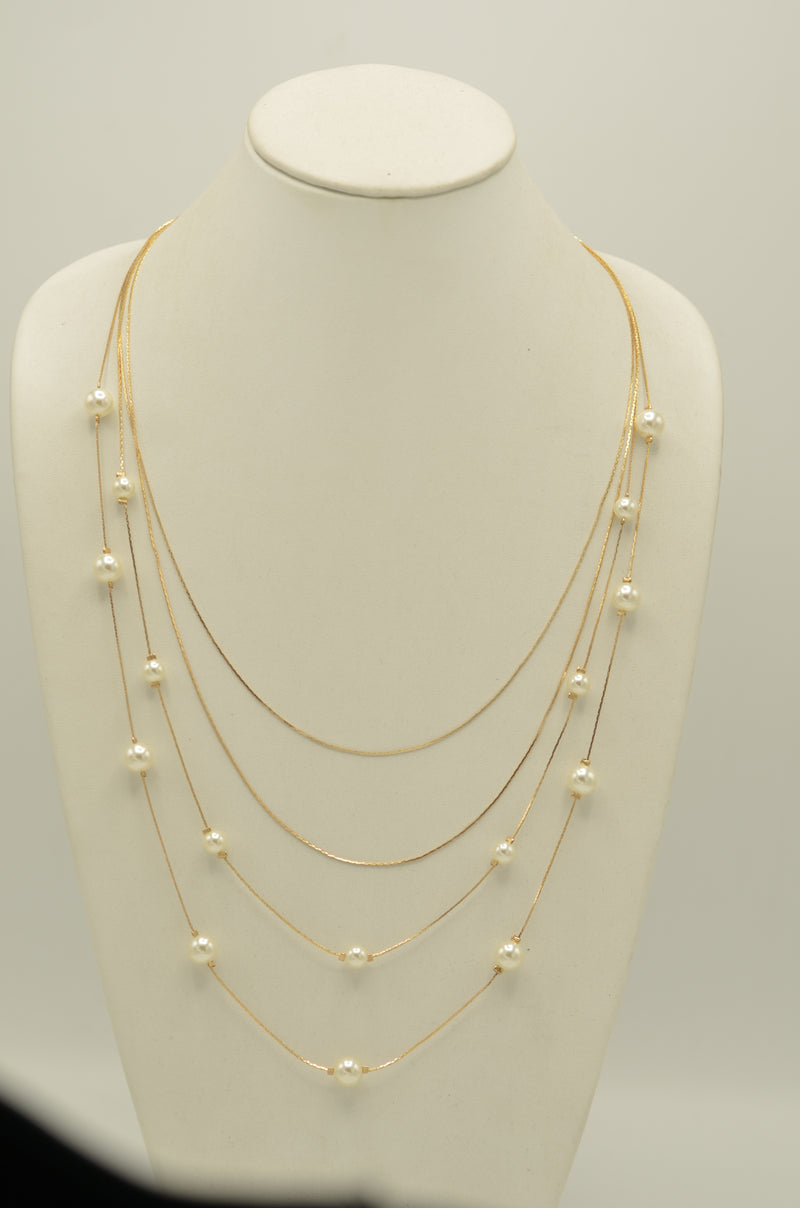 Gold And Cream Pearl Four Row Layer Necklace And Earrings Set