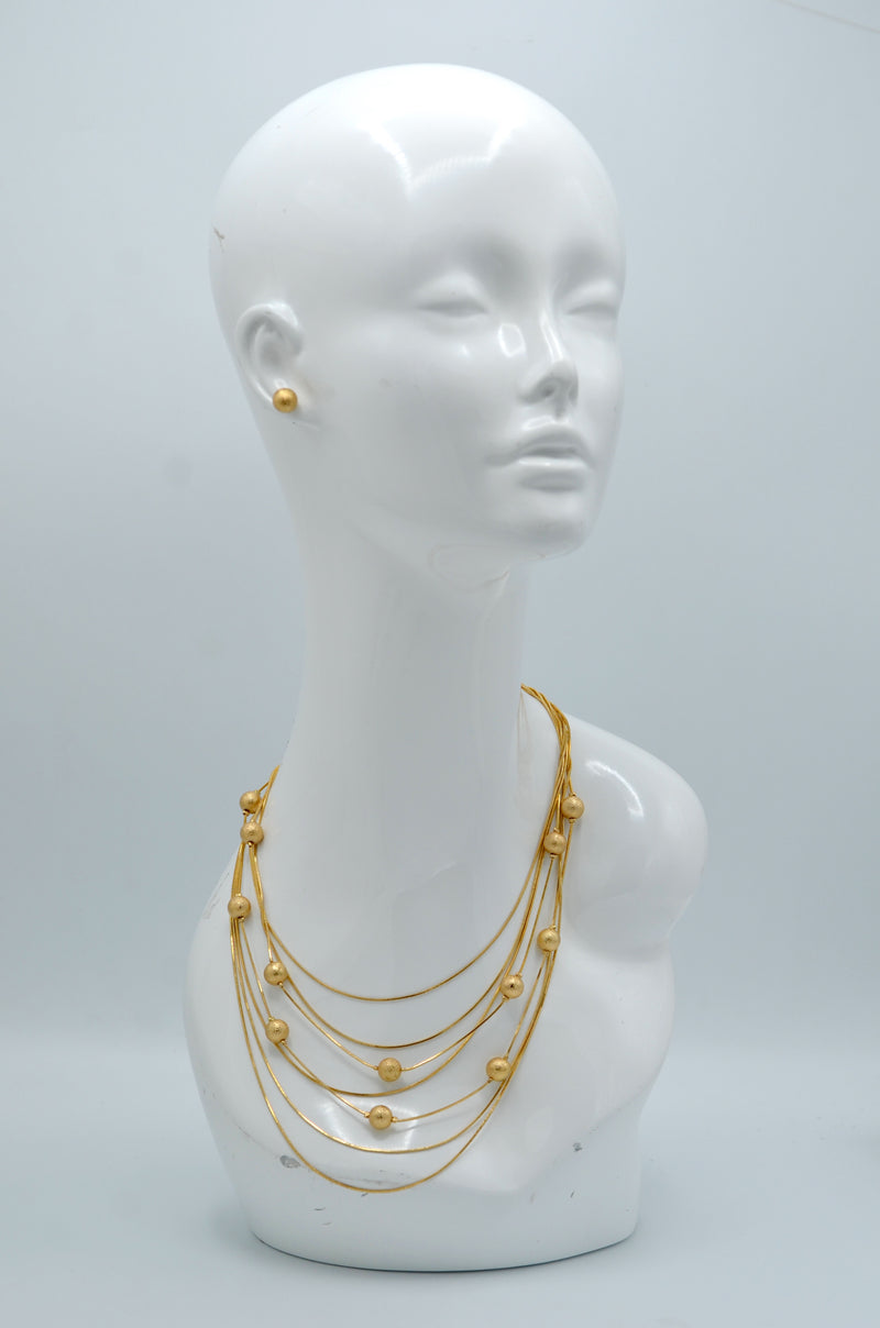 Gold Hammered Ball beads Multi-stand Long Necklace and Earrings Set