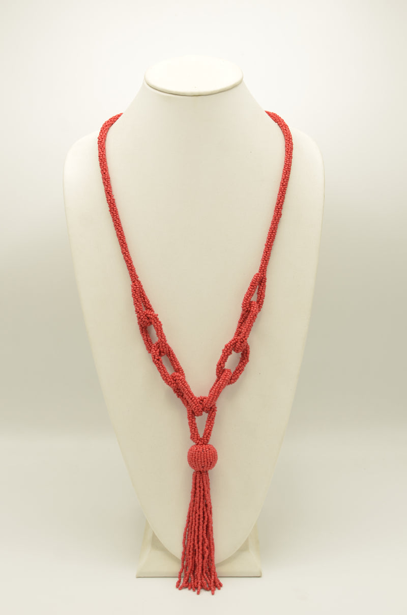 Red seed bead tassel long necklace