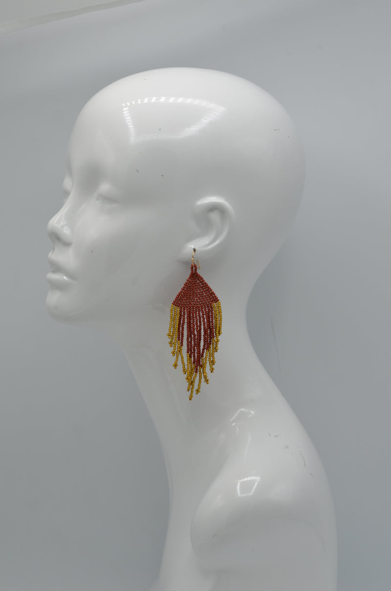 Red and gold seed bead tassel earrings