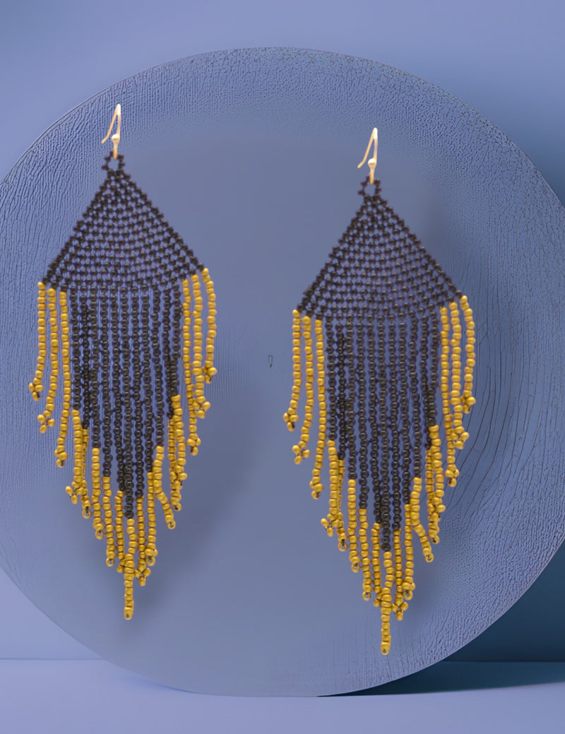 Black seed bead tassel earrings