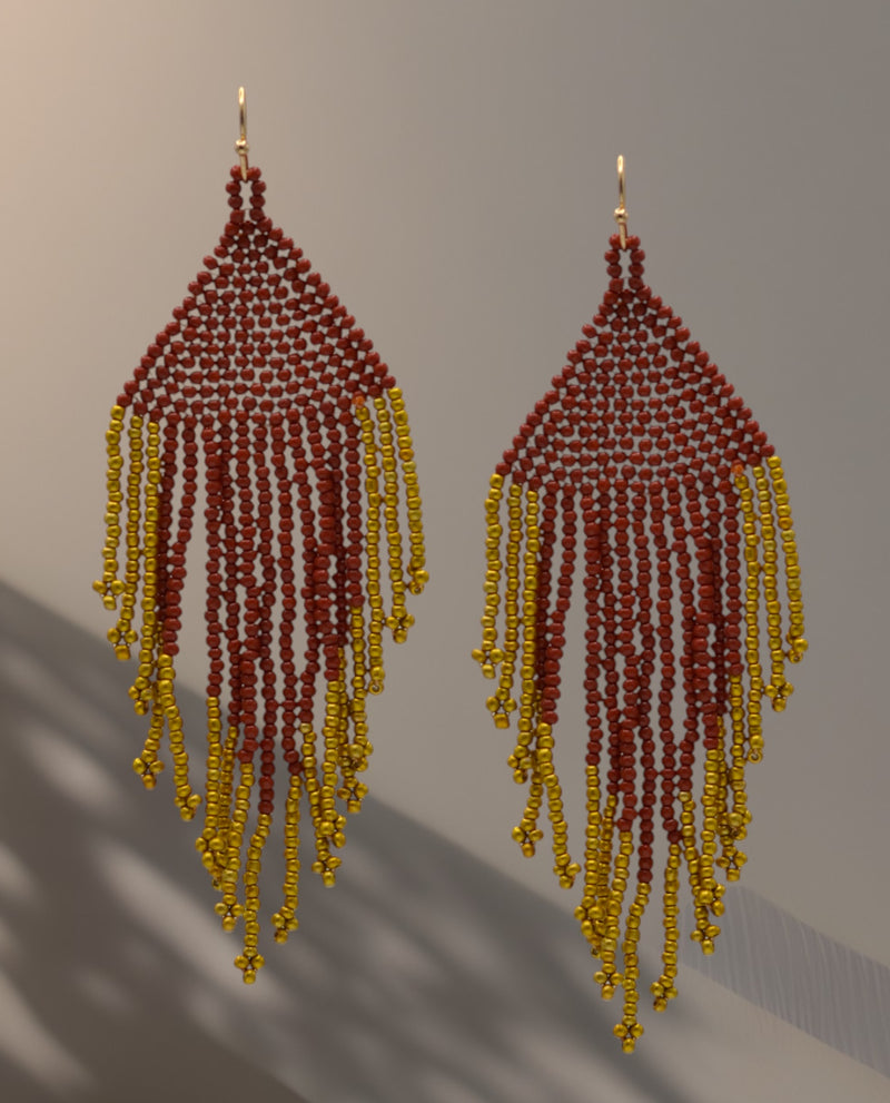 Red and gold seed bead tassel earrings