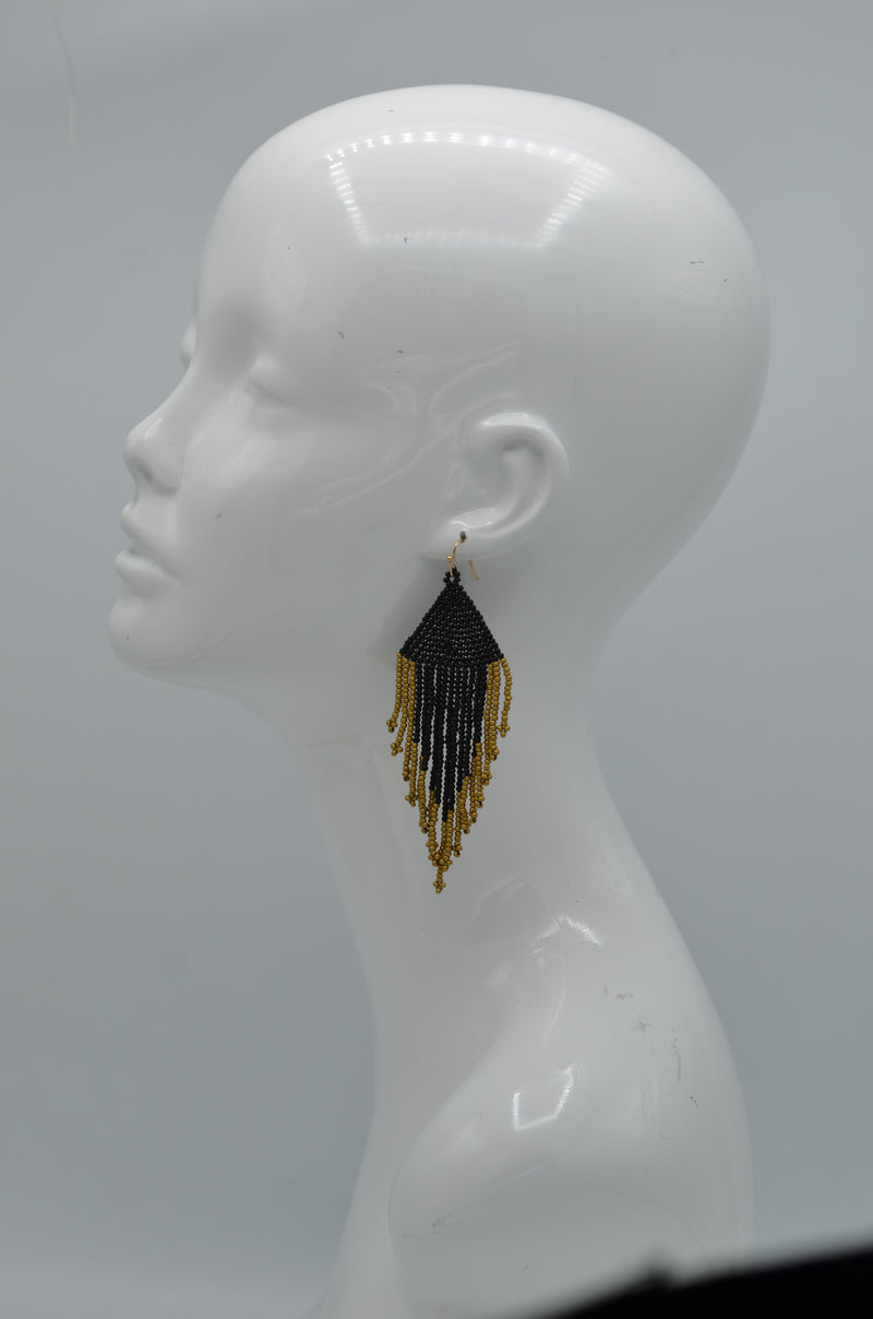 Black seed bead tassel earrings