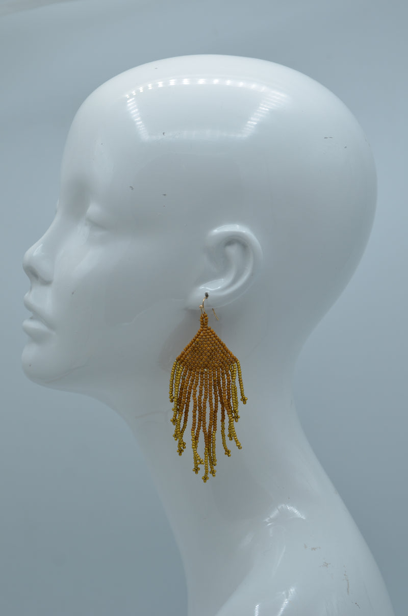 mustard yellow seed bead tassel earrings