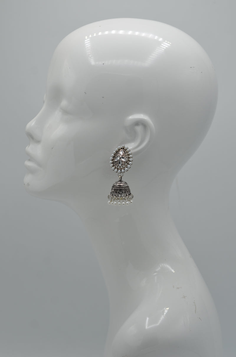 Silver pearl and crystal tassel Jhumka Earrings