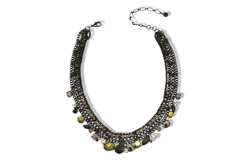 Black Metal Necklace with Black, Clear, and Brownish-Yellow Faceted Crystals – Bold, Vibrant, And Perfect For Any Occasion!