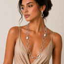 Silver Geometric Link Necklace & Matching Earrings Set – 32" Necklace with 3" Extender
