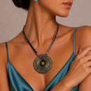 Women’s Multicolor Round Medallion Pendant Necklace, 19-Inch Double-Cord Boho Statement Necklace with 3-Inch Extender
