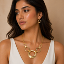 Gold Open Circle Hammered Link necklace And Earrings Set